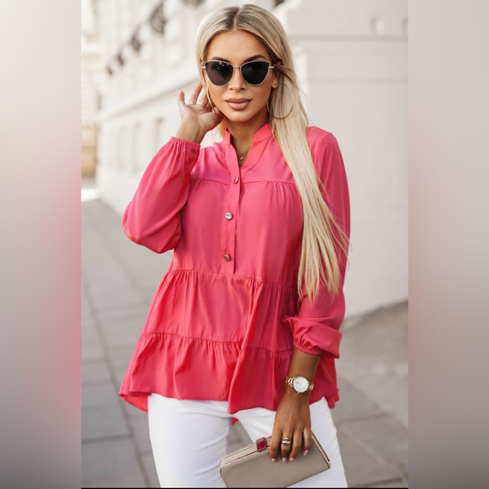 Francesca -Chic Pink Ruffle Blouse - Picture 2 of 4
